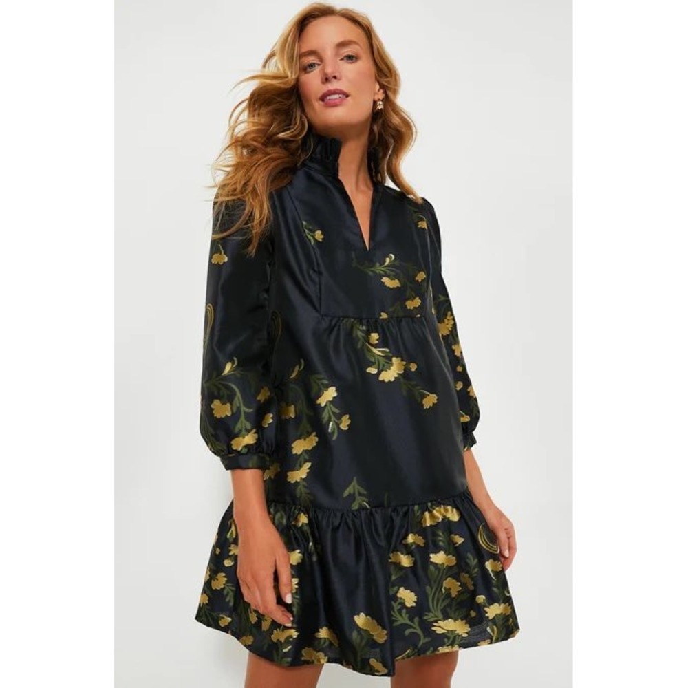 Tuckernuck Navy Jasmine Vine Jacquard Palmerston Ruffle Neck Tiered Babydoll Med